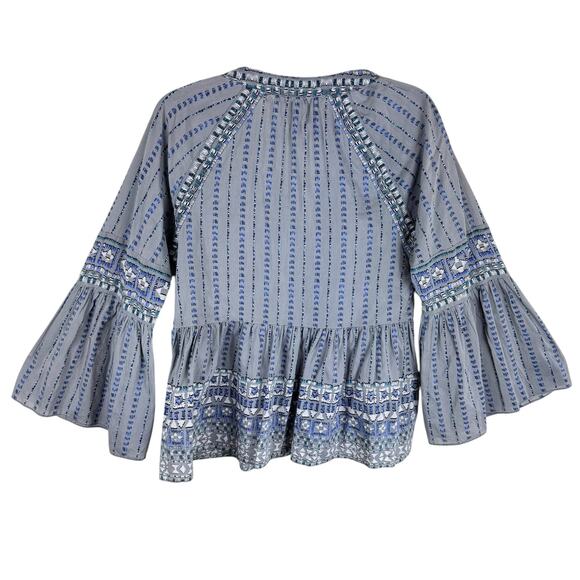 BCBGMaxazria Blue Gray Long Bell Sleeve Split Neck Lightweight Blouse Size XS - Picture 3 of 6